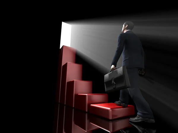 Business man climbs up to the top of 3D success stairs steps — Stock Photo, Image