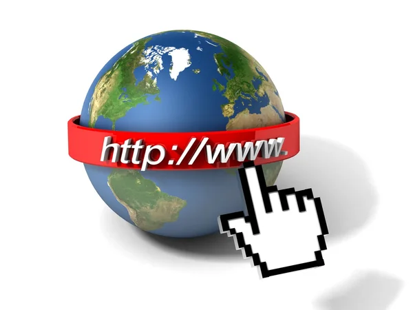 Ilustración 3d del globo terrestre con la dirección del Internet, sobre fondo blanco — Foto de Stock