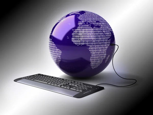 Earth globe verbonden met toetsenbord van de computer. — Stockfoto