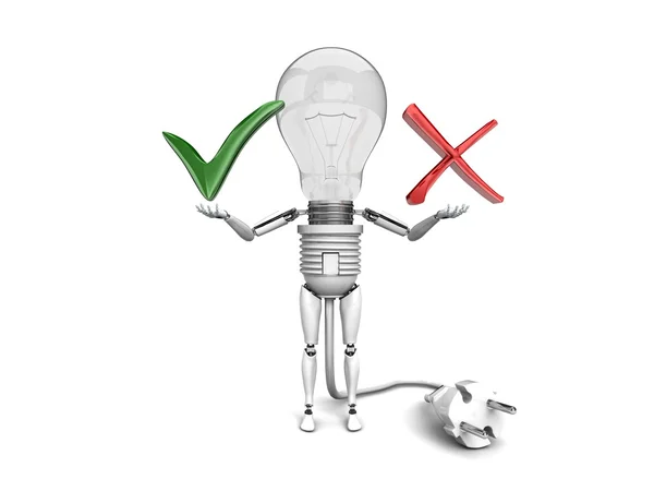 Roboten "glödlampa" håller i en händer "ja" och "nej" tecken isolerad på en vit bakgrund — Stockfoto