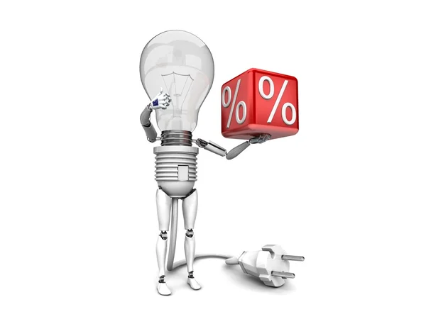 The robot "bulb" Holds in a hand "percent" sign and show "ok" isolated on a white background — Stock Photo, Image