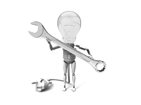 The robot "bulb" Holds in a hand tool and show "ok" isolated on a white background — Stock Photo, Image