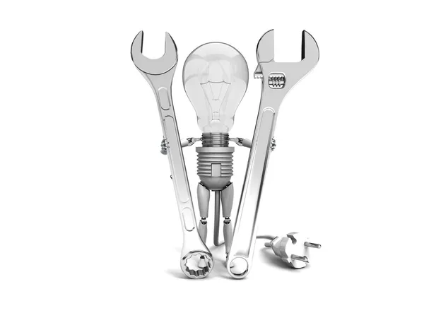 The robot "bulb" Holds in a hands tools isolated on a white background — Stock Photo, Image