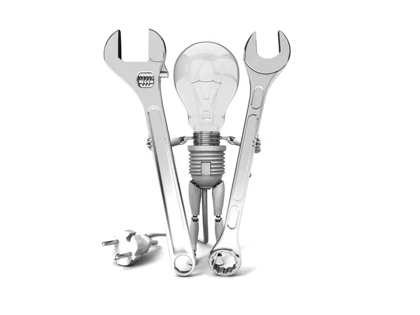 The robot "bulb" Holds in a hands tools isolated on a white background — Stock Photo, Image