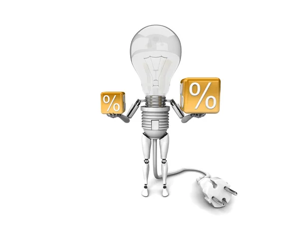 The robot "bulb" Holds in a hands percent signs isolated on a white background — Stock Photo, Image