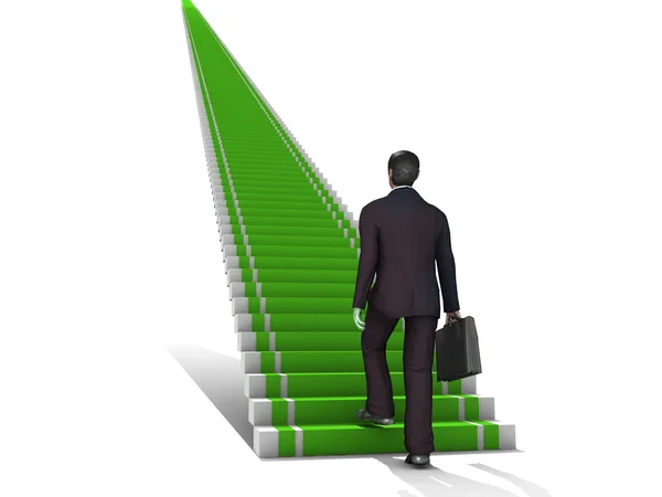 Business man climbs up to the top of 3D success stairs steps — Stock Photo, Image