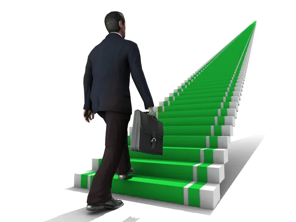 Business man climbs up to the top of 3D success stairs steps — Stock Photo, Image