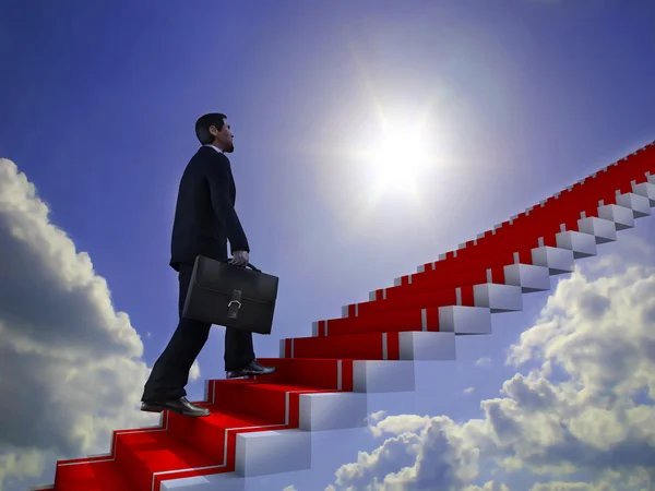 Business man climbs up to the top of 3D success stairs steps — Stock Photo, Image