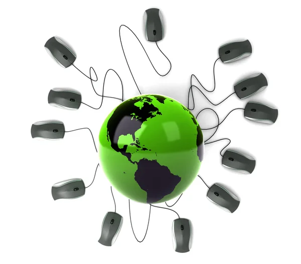 Earth Globe connected with computer mouses — Stock Photo, Image