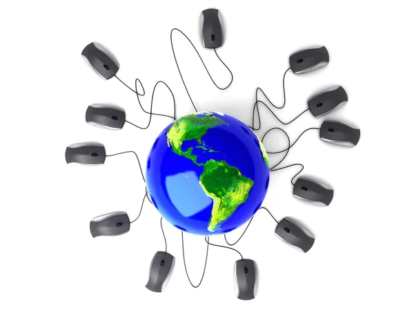 Earth Globe connected with computer mouses — Stock Photo, Image