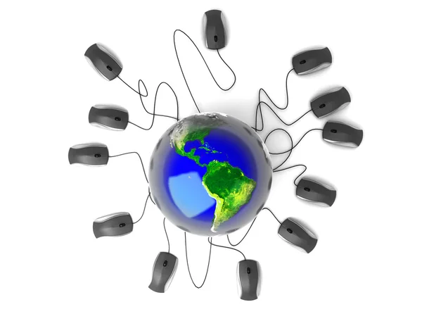 Earth Globe connected with computer mouses — Stock Photo, Image