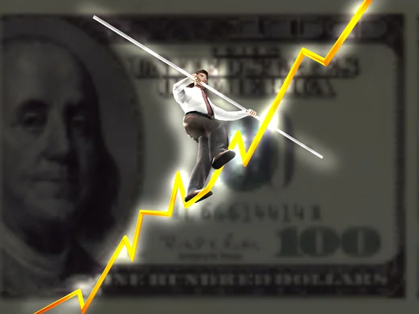 Moderner Geschäftsmann auf einer Finanzgrafik, die nach oben zielt — Stockfoto