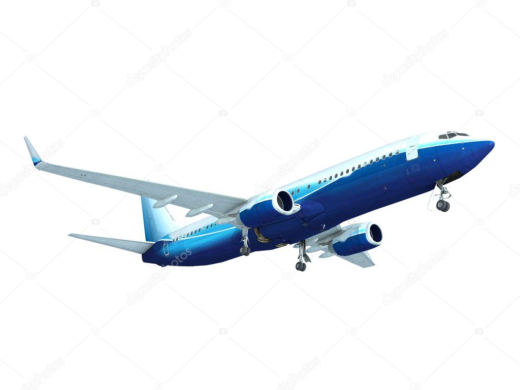 Jet airplane landing, isolated on white