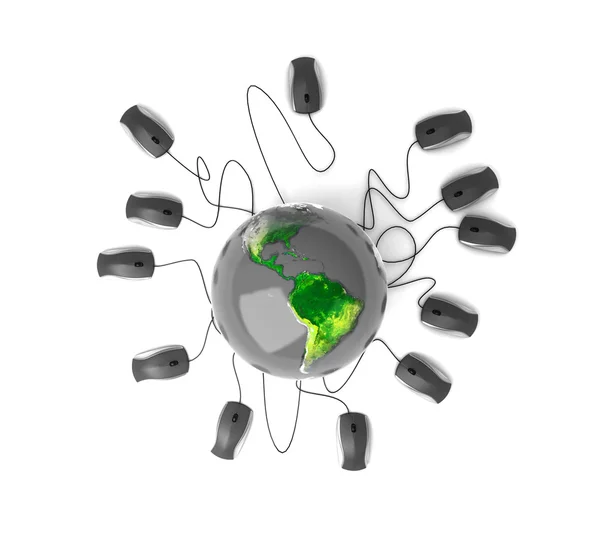 Earth Globe connected with computer mouses. — Stock Photo, Image