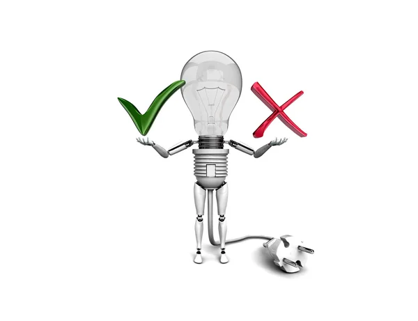 Robot "žárovka" drží v ruce "Ano" a "ne" známky izolovaných na bílém pozadí — Stock fotografie