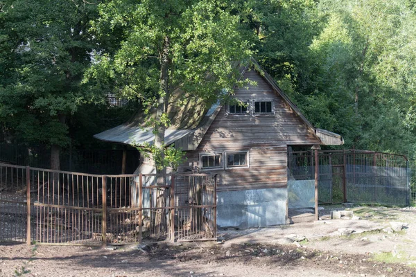 Kaliningrad, Rusya - 31 Temmuz 2019: Kaliningrad, Rusya 'da 31 Temmuz 2019 tarihinde Kaliningrad hayvanat bahçesinde eski bir ahşap yapının dış görünümü.