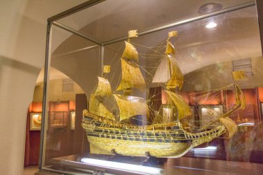 Kaliningrad, Russia - August 01 2019: the view of the Swedish Vasa warship model displayed at Amber Museum on August 01 2019 in Kaliningrad, Russia.