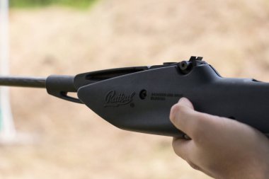 Kaliningrad, Russia - August 02 2019: close up view of Baikal rifle butt and sight on August 02 2019 in Kaliningrad, Russia.