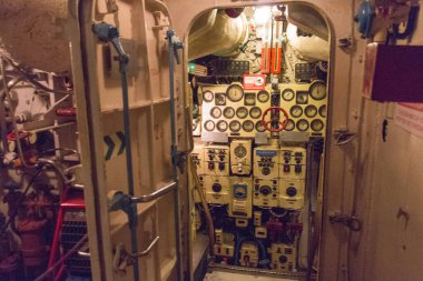 Kaliningrad, Russia - August 03 2019: inside view of submarine B 413 at World Ocean Museum on August 03 2019 in Kaliningrad, Russia.