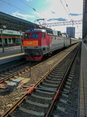 Moscow, Russia - July 29 2019: the view of train coach and railway platform on July 29 2019 in Moscow, Russia.