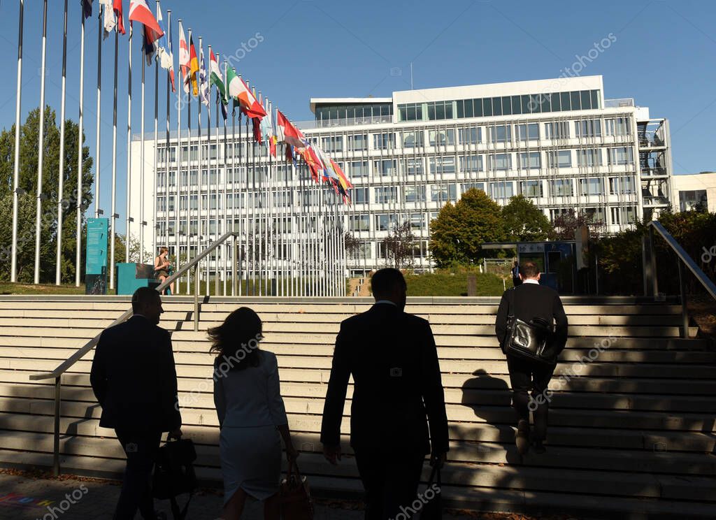 Strasbourg, France - September 4, 2019: People near the Palace of Europe building in Strasbourg, France.