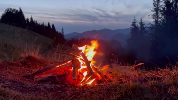 Campfire Mountain Camp Fire Top Mountain Ukrainian Nature Landscape Background — Video