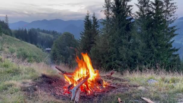 Campfire Mountain Camp Fire Top Mountain Ukrainian Nature Landscape Background — Vídeo de stock