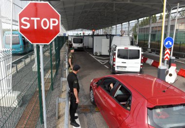 Krakivets, Ukraine - August 16, 2022: Border Guard on Krakivets-Korczowa checkpoint on the border with Ukraine and Poland, some 70 km from city of Lviv, Ukraine. 
