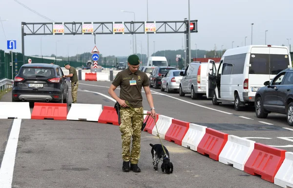 Krakivets, Ukraine - August 16, 2022: Border Guard on Krakivets-Korczowa checkpoint on the border with Ukraine and Poland, some 70 km from city of Lviv, Ukraine. 