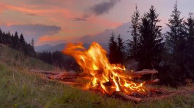 Campfire in the mountain. Camp Fire. Burning bonfire in the Carpathian mountains. 