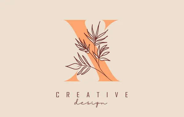 Orange Nuance Lettre Logo Design Avec Branche Feuilles Vectoriel Illustration — Image vectorielle