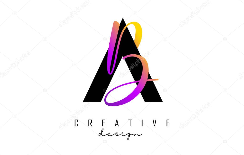 Letters AB Logo with two colors design. Letters A and B with geometric and handwritten typography.