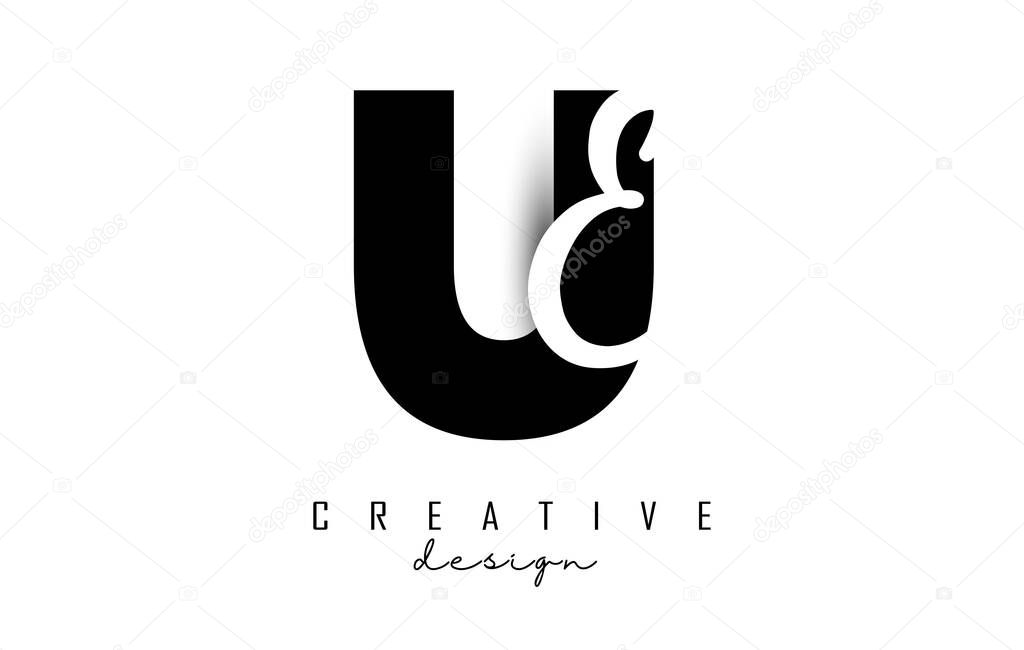 Letters UE Logo with a minimalist design. Letters U and E with geometric and handwritten typography.