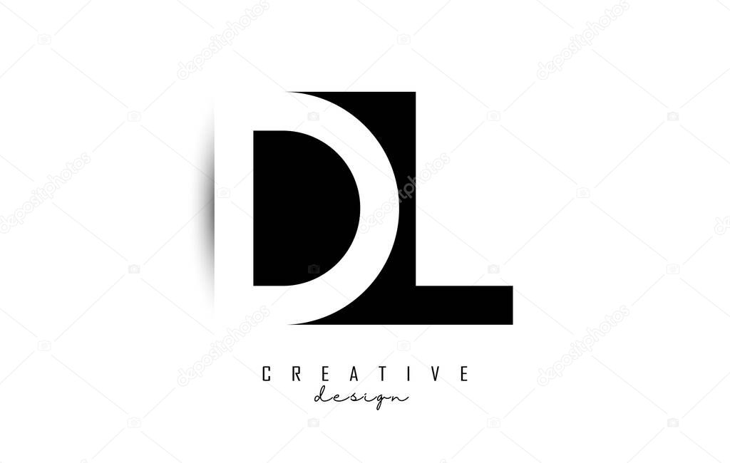 Letters DL Logo with black and white negative space design. Letters D and L with geometric typography.