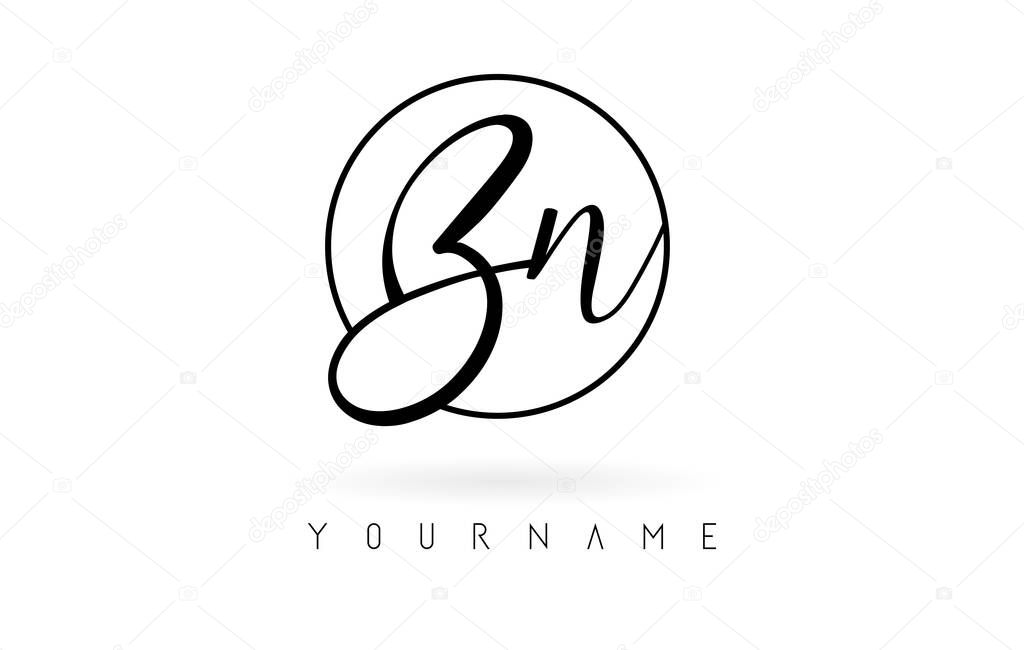 Handwritten letters Bn logo design with simple circle vector illustration.