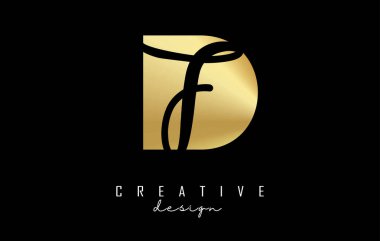 Minimalist tasarımı ve negatif alanı olan altın harfli DF logosu. Geometrik ve el yazısı tipografili D ve f harfleri.