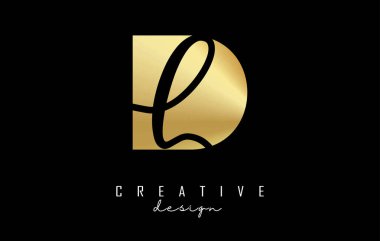 Minimalist tasarımı ve negatif alanı olan altın harfli DL logosu. Geometrik ve el yazısı tipografili D ve L harfleri.