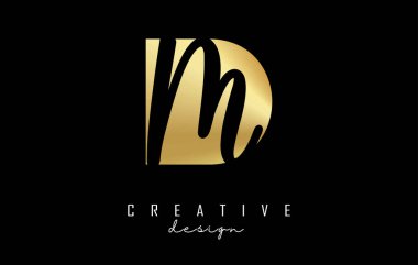 Minimalist tasarımı ve negatif alanı olan altın harfli DM logosu. Geometrik ve el yazısı tipografili D ve M harfleri.