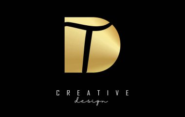 Minimalist tasarımı ve negatif alanı olan altın harfli DT logosu. Geometrik ve el yazısı tipografili D ve T harfleri.
