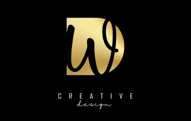 Minimalist tasarımı ve negatif alanı olan altın harfli DW logosu. Geometrik ve el yazısı tipografili D ve W harfleri.