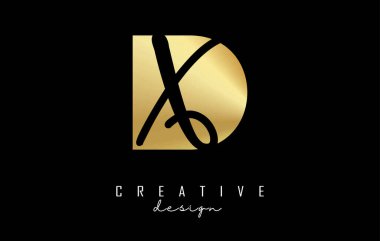 Minimalist tasarımı ve negatif alanı olan altın harfli DX logosu. Geometrik ve el yazısı tipografili D ve X harfleri.