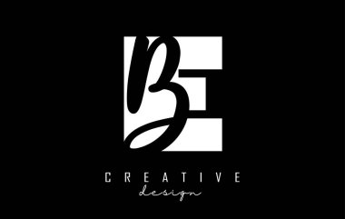 Siyah ve beyaz EB harfleri. Negatif aralıklı logo. Geometrik ve el yazısıyla yazılmış E ve B harfleri.