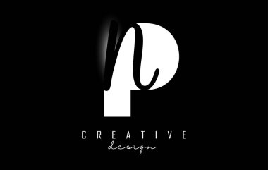 Minimalist dizaynlı beyaz ve siyah harfli PN logosu. Geometrik ve el yazısıyla yazılmış P ve N harfleri.