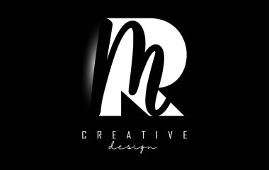 Minimalist dizaynlı beyaz ve siyah harfli RM logosu. Geometrik ve el yazısıyla yazılmış R ve M harfleri.