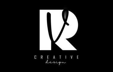 Minimalist dizaynlı Beyaz ve Siyah Harfler karavan logosu. Geometrik ve el yazısıyla yazılmış R ve V harfleri.