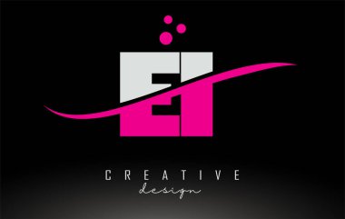 Swoosh ve noktalı beyaz ve pembe harf logosu.