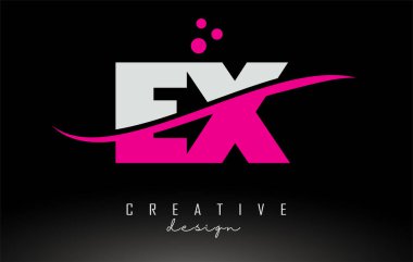 EX E X beyaz ve pembe harfli logo Swoosh ve noktalar.