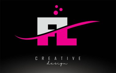 FL F L beyaz ve pembe harfli logo Swoosh ve noktalar.