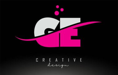 GE G E beyaz ve pembe harfli logo Swoosh ve noktalar.
