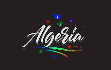 Beyaz Cezayir Kelebekleri ve Renkli Swoosh 'lu El Yazması Vektör Sözcük Metni.